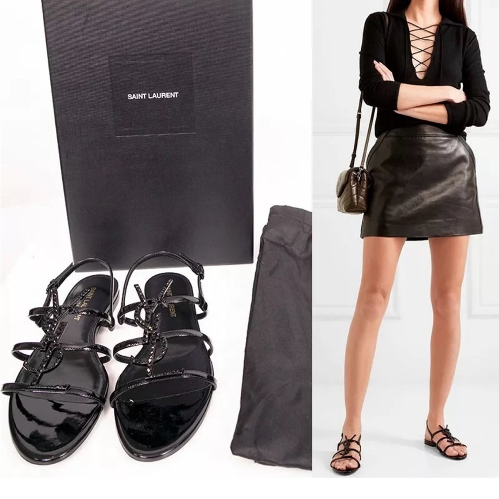 Yves Saint Laurent Glossy Black Strappy Sandals, Cassandra 36.5